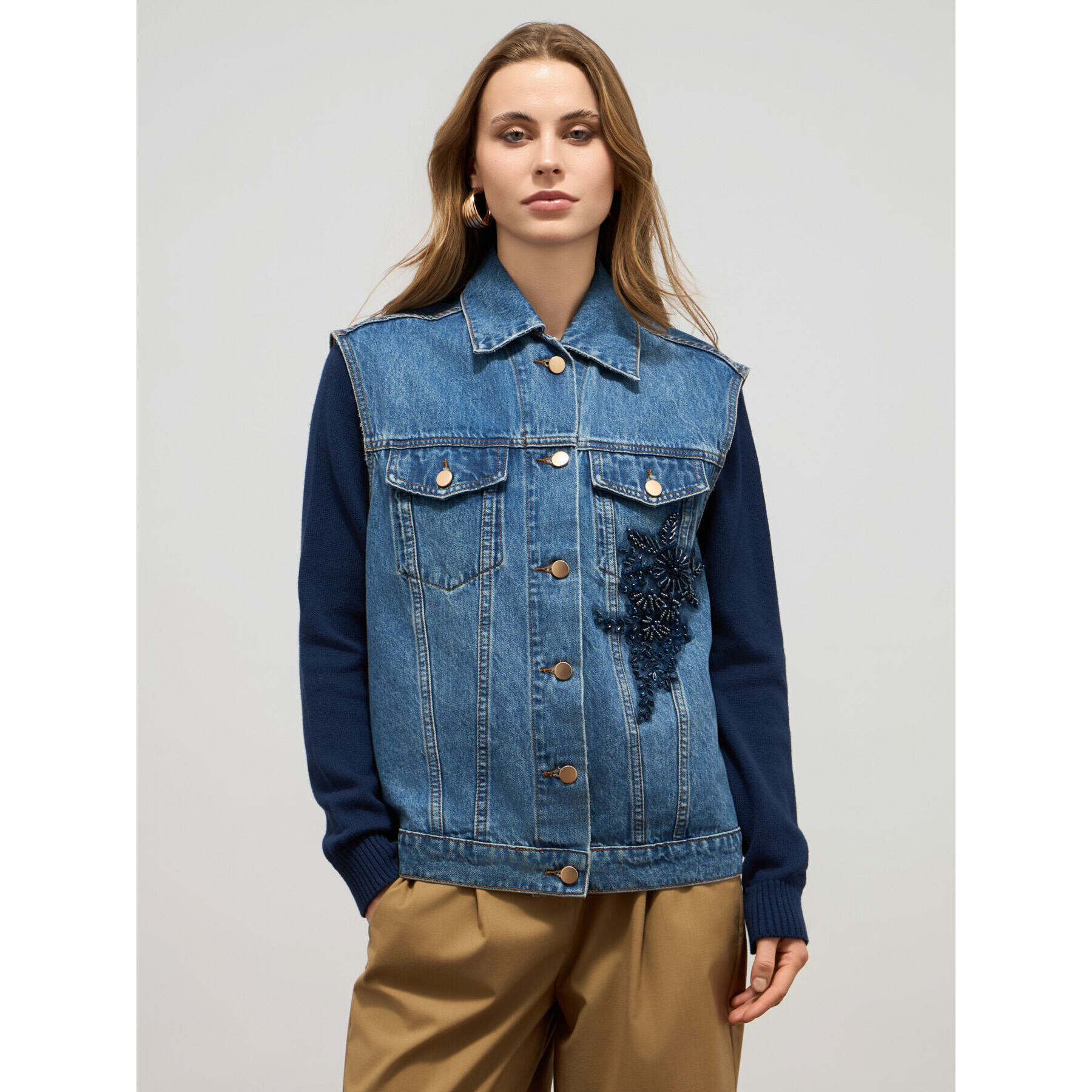 Oltre - Chaleco vaquero con aplicación floral - Azul
