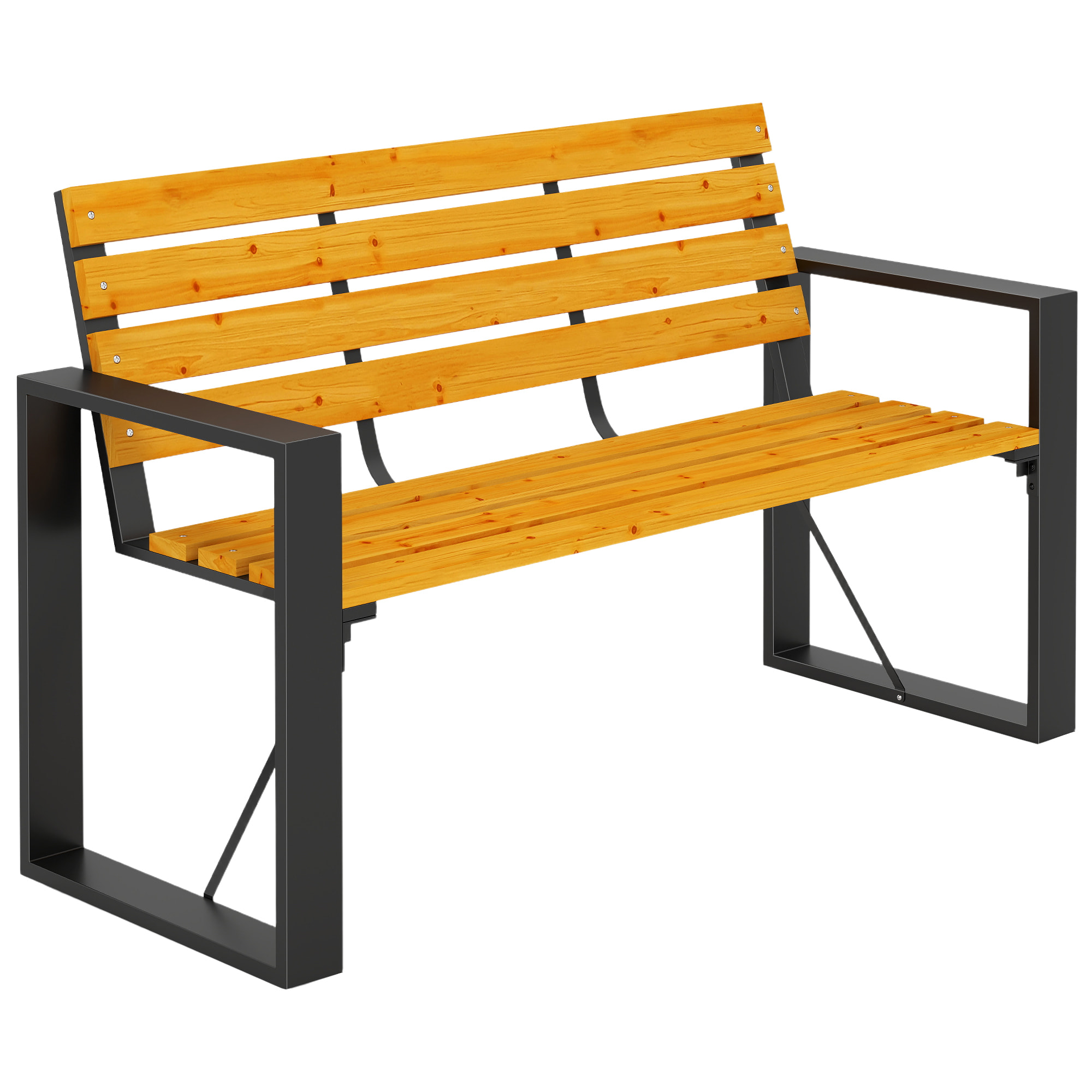 Banco de Jardín Exterior de 2 Plazas, Banco Exterior con Respaldo y Asiento Listonado de Madera, Reposabrazos y Marco de Acero, para Patio, Terraza, 136x54x82 cm, Natural