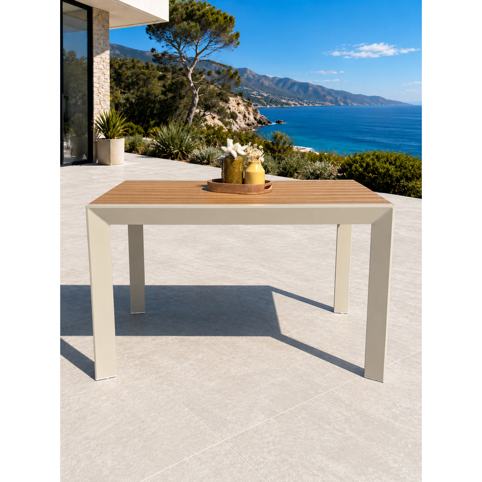 TONGA - Table de jardin 4 places en alu plateau polywood  aspect bois