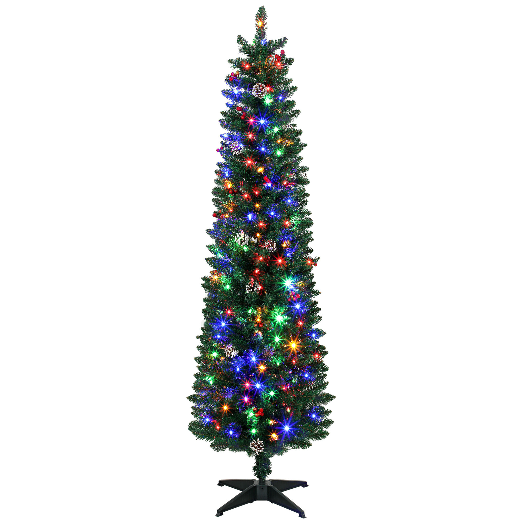 Árbol de Navidad Estrecho con 170 Luces LED Bicolor, 180 cm, Árbol de Navidad de Abeto, 351 Ramas Ignífugas, 11 Modos, 25 Piñas, 25 Bayas Rojas, Mando a Distancia, Estructura de Acero, Verde