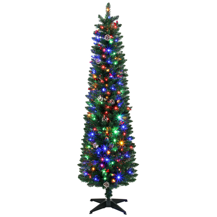 Árbol de Navidad Estrecho con 170 Luces LED Bicolor, 180 cm, Árbol de Navidad de Abeto, 351 Ramas Ignífugas, 11 Modos, 25 Piñas, 25 Bayas Rojas, Mando a Distancia, Estructura de Acero, Verde