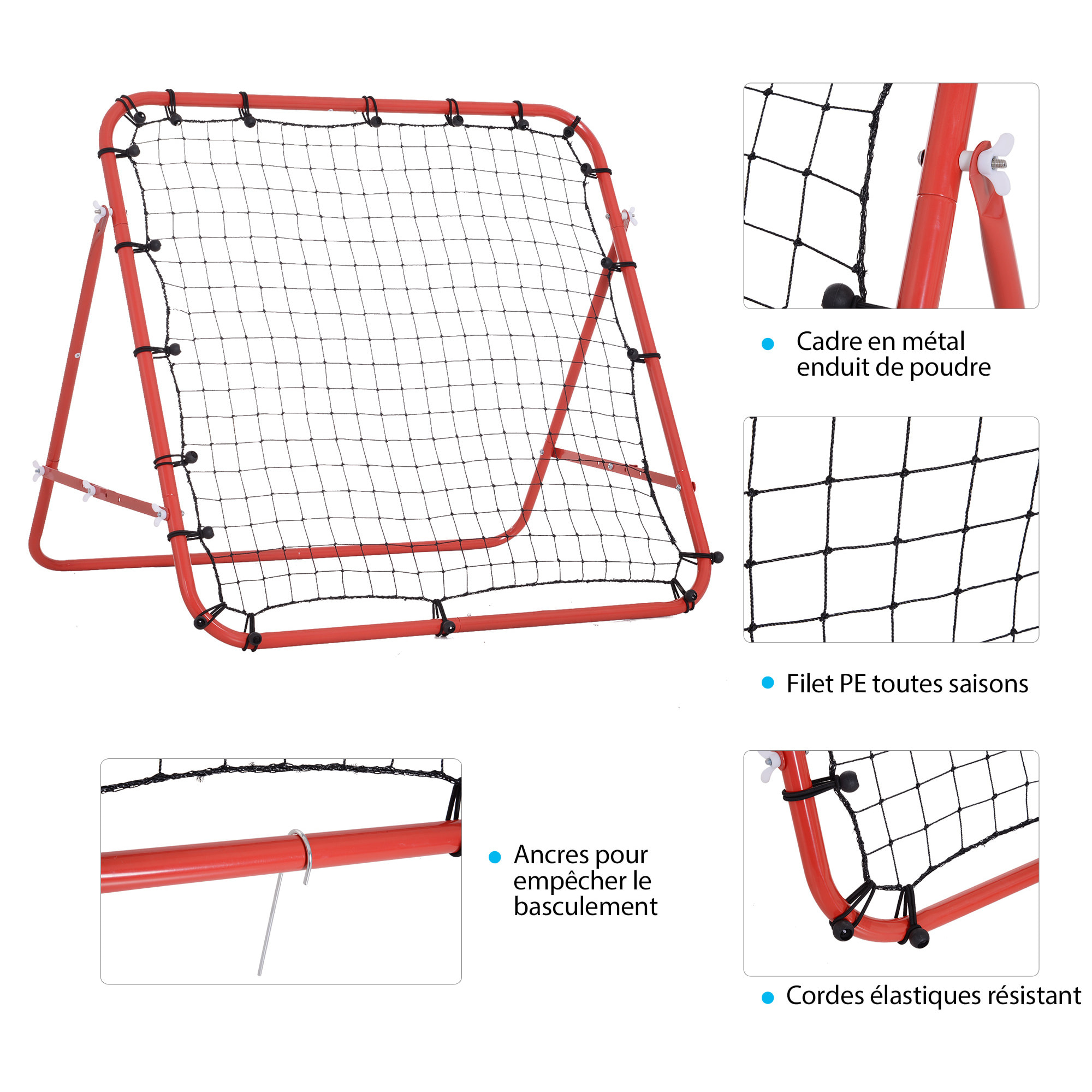 Filet de rebond pliable inclinaison réglable - piquets d'ancrage inclus - filet PE noir métal époxy rouge