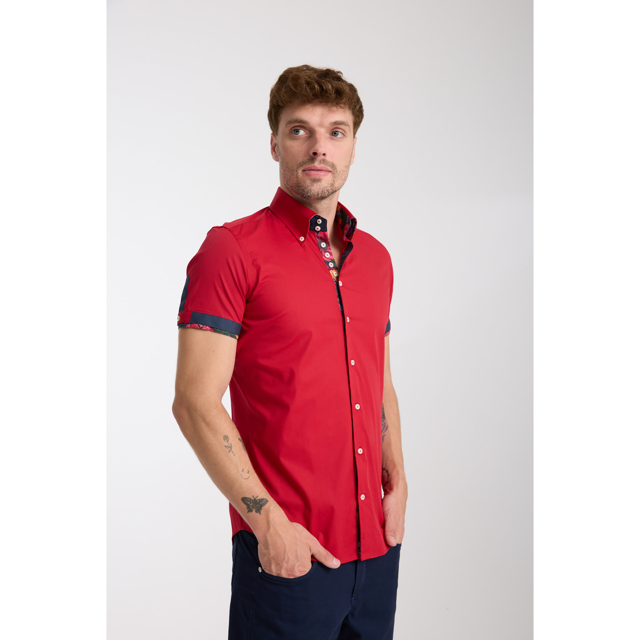 Camicia Uomo Manica Corta 2 Bottoni Button Down 7 Botto Popeline Stretch Unito Rosso