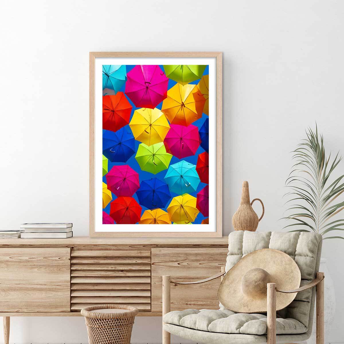 Affiche ciel de parapluies Affiche + cadre en bois - Chêne