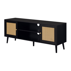 Goto - meuble tv - noir et cannage - 2 portes et 2 niches - 140 cm - Noir