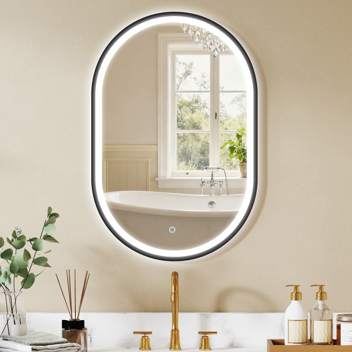 Espejo de Baño con Luz, 60x90 cm, Espejo de Pared Ovalado, 3 Colores de Luz, Brillo Regulable, Función Antivaho, Memoria, Interruptor Táctil, Marco de Aluminio, IP44, Negro