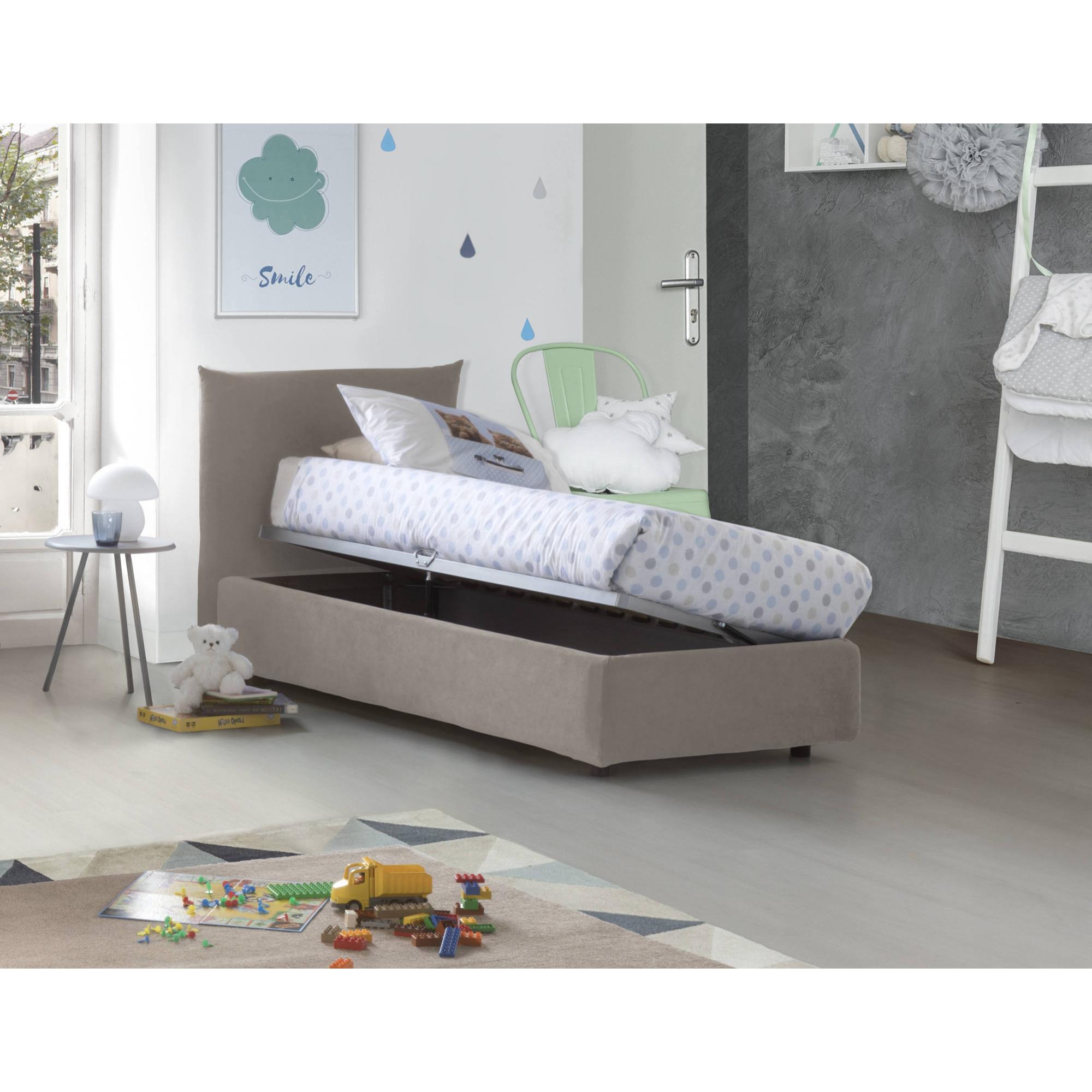 Letto singolo Marina, Letto contenitore con rivestimento in tessuto, 100% Made in Italy, Apertura laterale, adatto per materasso Cm 80x190, Tortora