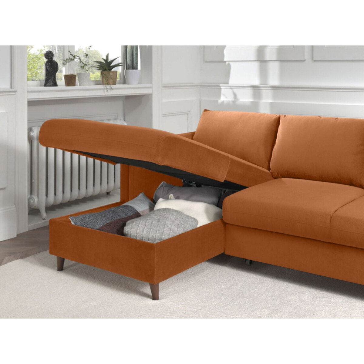 Brooke - canapé d'angle gauche - convertible avec coffre - 4 places - en velours - Rouille