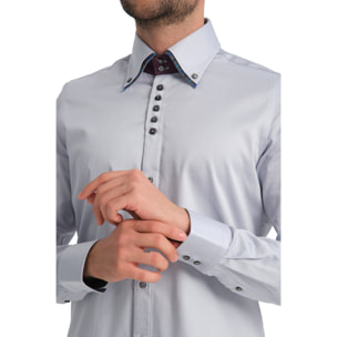 Camicia Uomo 2 Bottoni Button Down 7bottoni Doppio Coll Satin Unito Grigio