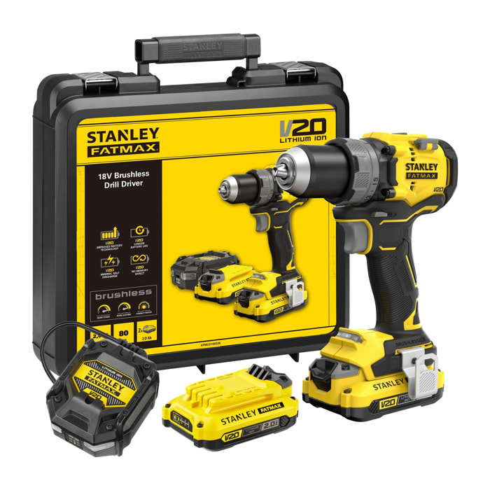 Perceuse Visseuse 80 Nm Brushless 18V, 2 Batteries 2Ah, STANLEY FATMAX V20