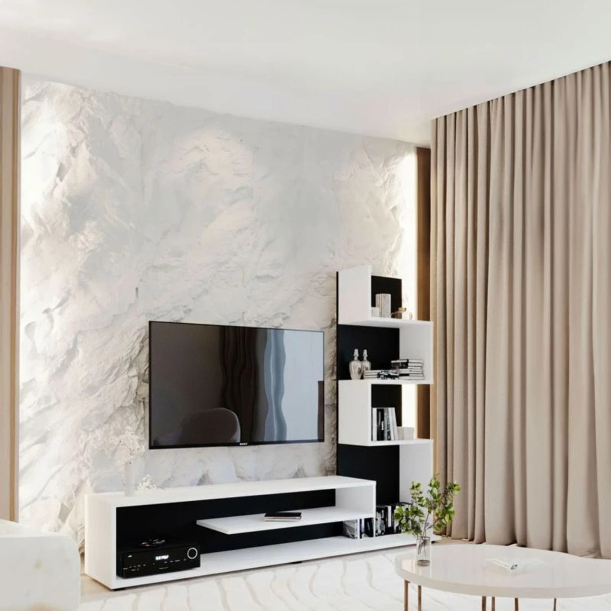 Mueble de salón Moobi en color blanco artik negro y medidas 160 x 124 cm Blanco Artik (Blanco Mate) - Negro