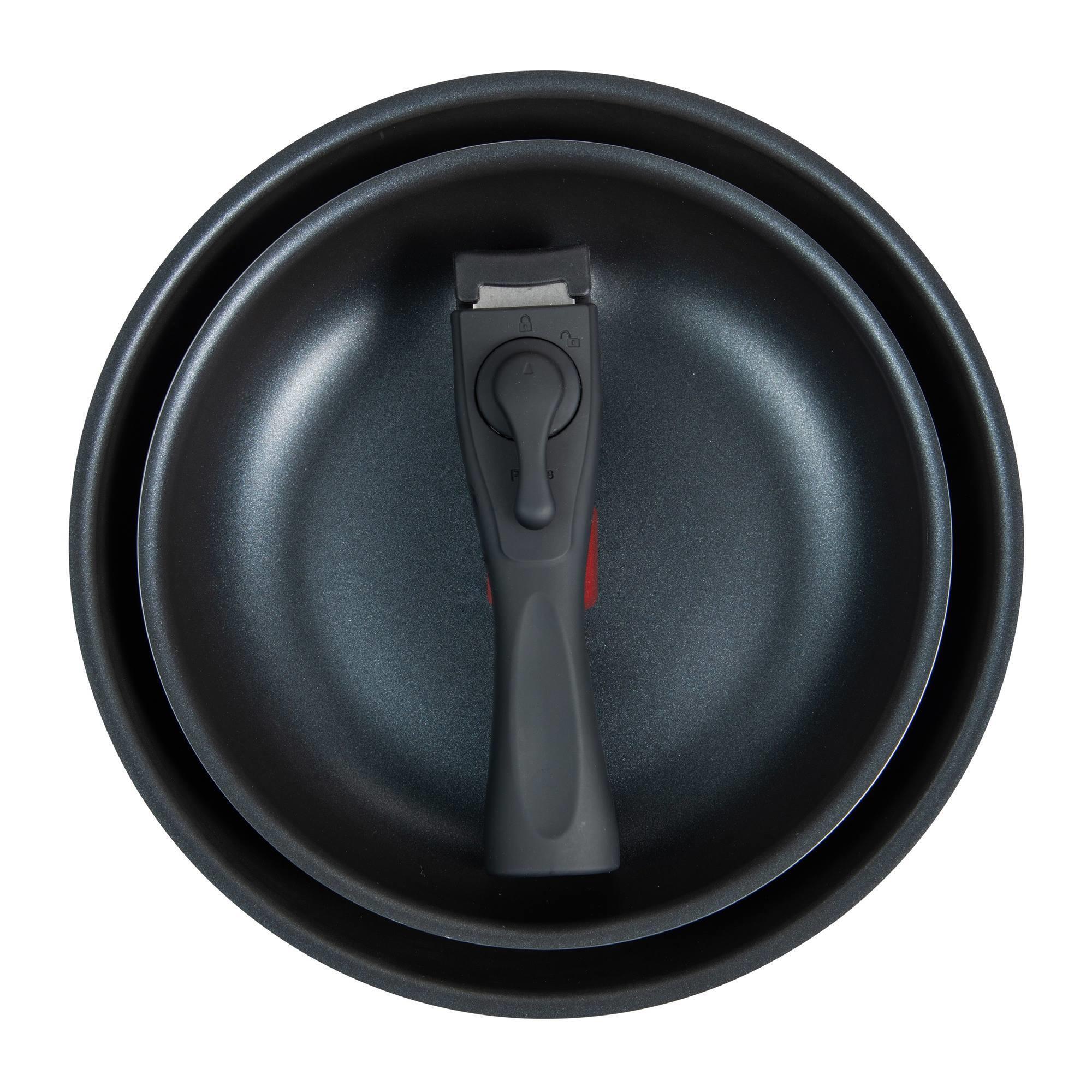 juego de 2 sartenes ø24ø28cm aluminio prensado y heat dot negro + mango desmontable