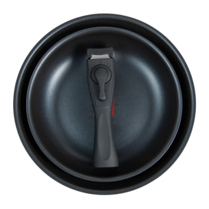 juego de 2 sartenes ø24ø28cm aluminio prensado y heat dot negro + mango desmontable