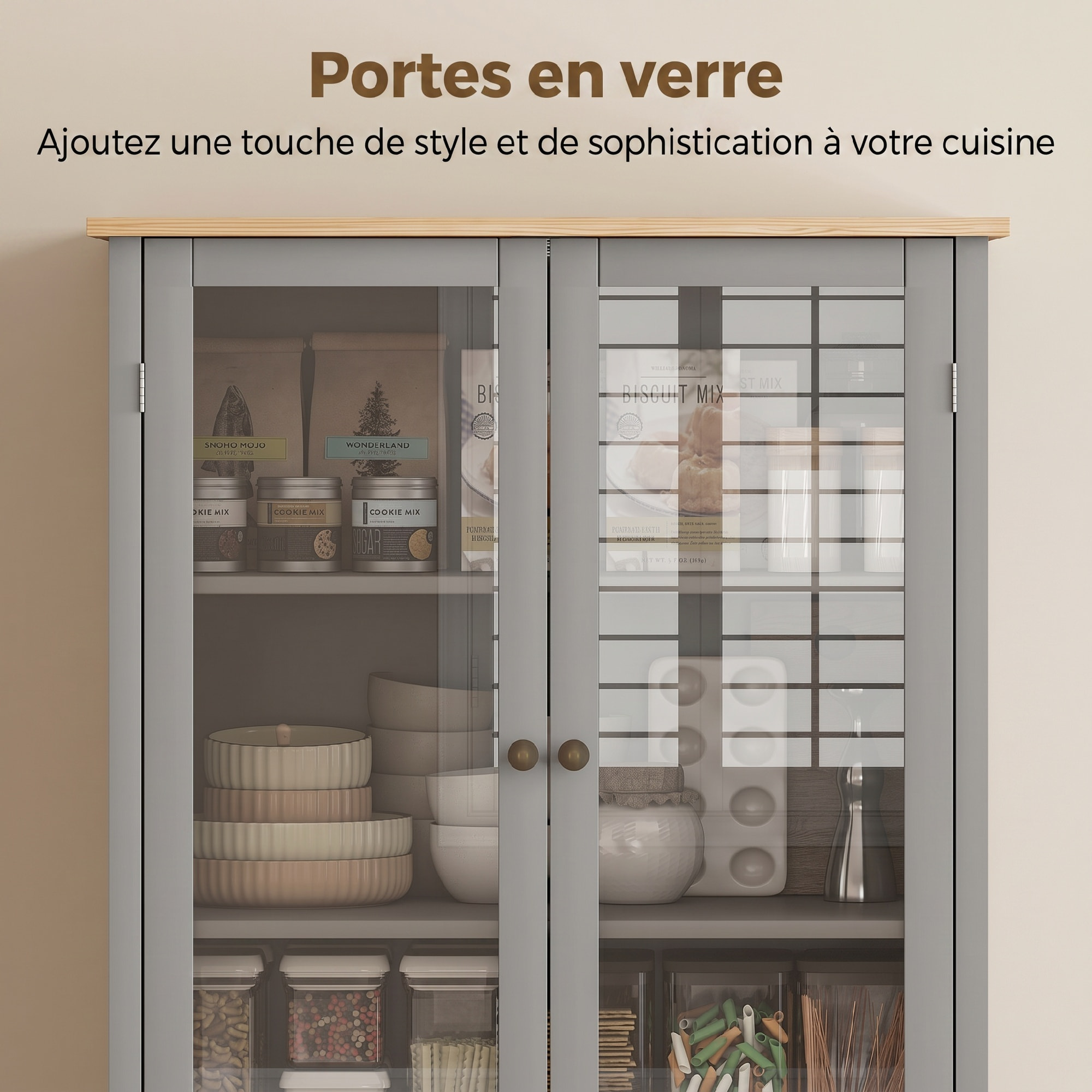 Armoire de cuisine buffet haut 4 portes grand tiroir coulissant dim. 76L x 40l x 182H cm panneaux gris verre