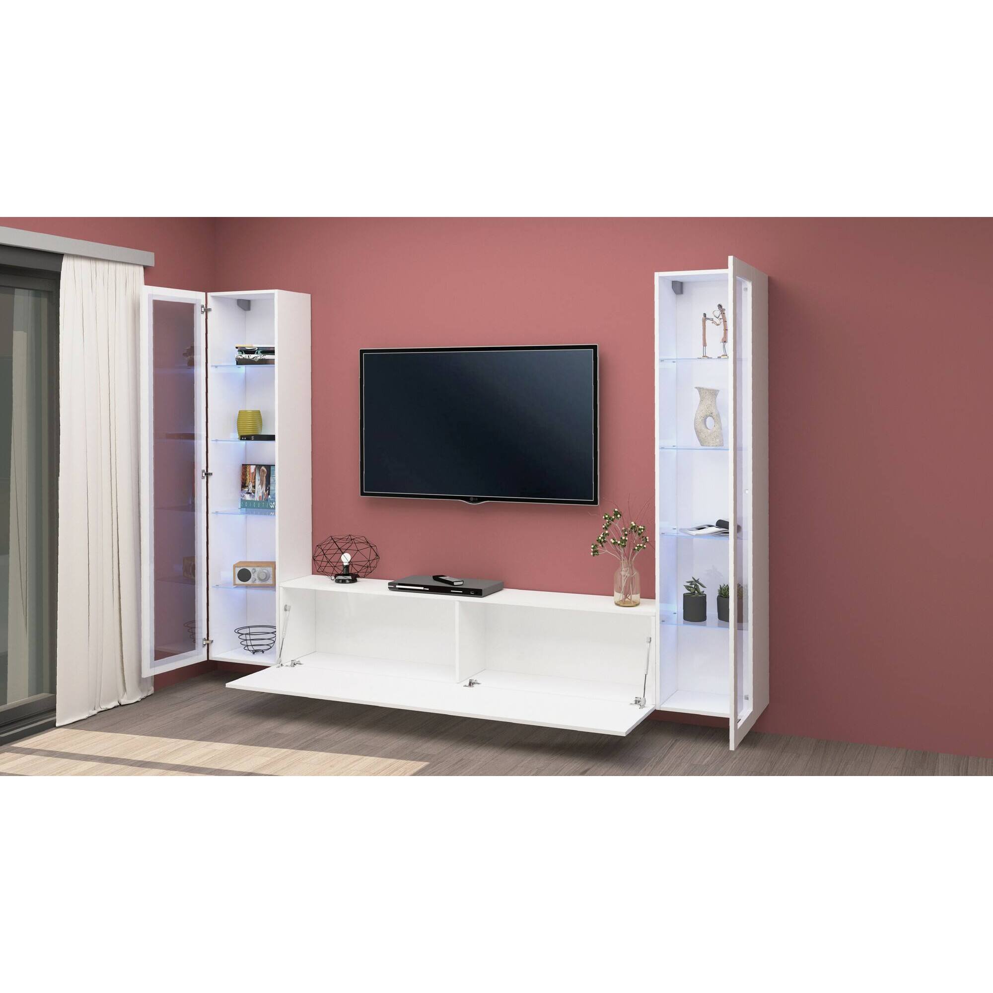 Parete attrezzata Gino, Set salotto porta TV a 3 ante, Mobile soggiorno multiuso con vetrina e luce LED, 100% Made in Italy, cm 260x30h180, Bianco lucido