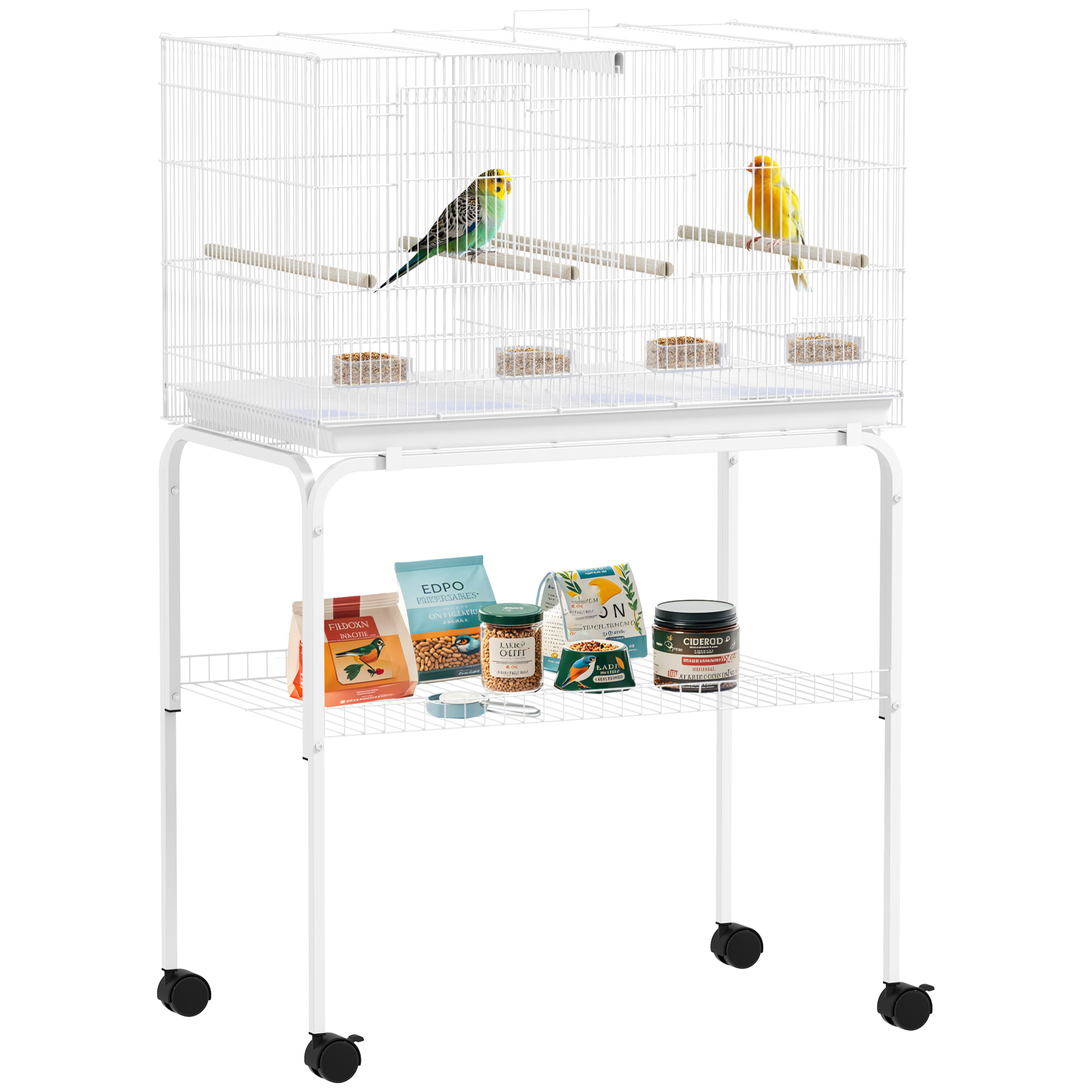 Jaula para Pájaros con Divisor Pajarera con Ruedas 4 Comederos 4 Perchas y Bandeja Extraíble Jaula para Loros Canarios Periquitos 76x46x116 cm Blanco