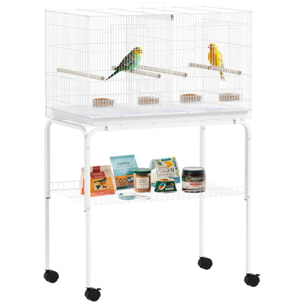 Jaula para Pájaros con Divisor Pajarera con Ruedas 4 Comederos 4 Perchas y Bandeja Extraíble Jaula para Loros Canarios Periquitos 76x46x116 cm Blanco