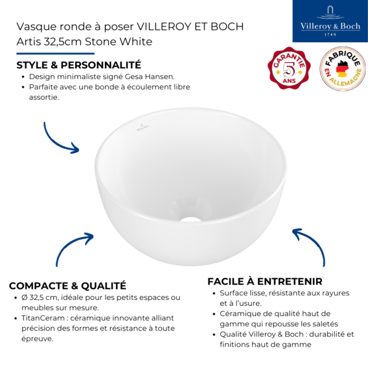 Vasque ronde à poser Artis 32,5cm Stone White CeramicPlus