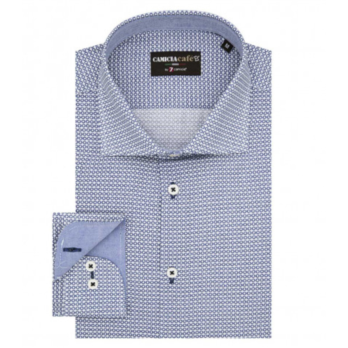 Camicia Uomo 1 Bottone Francese Slim Cotone Poliestere Stampa Bianco e Blu
