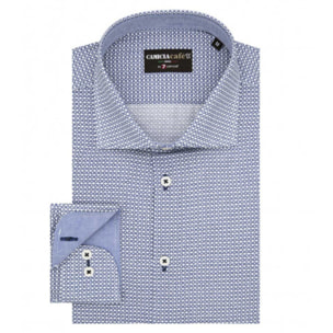 Camicia Uomo 1 Bottone Francese Slim Cotone Poliestere Stampa Bianco e Blu