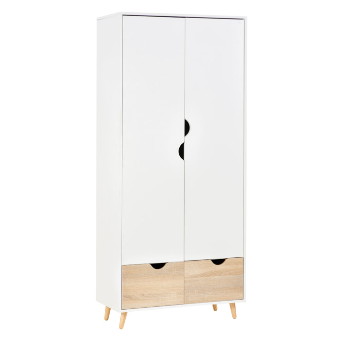 Armoire de rangement design scandinave - armoire de chambre - placard 2 portes avec penderie et étagère - 2 tiroirs coulissants - panneaux particules blanc chêne clair