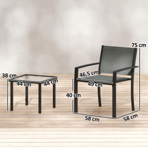 Conjunto de Mesa y Sillas de Terraza Exterior 3 Piezas, Muebles de Jardín Exterior con 2 Sillas Anchas de Textilene, Mesa de Vidrio Templado, para Patio, Balcón, Gris Claro