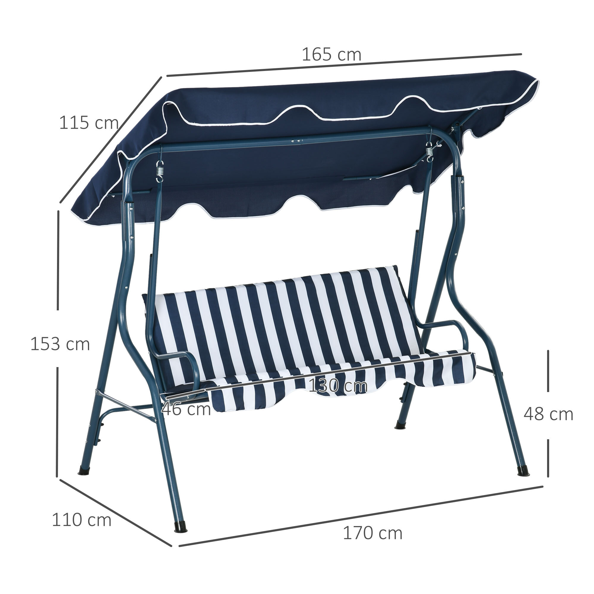 Columpio de Jardín de 2-3 Plazas, Balancín de Exterior con Toldo Ajustable en Ángulo, Impermeable y Marco de Acero, para Patio, Balcón, 170x110x153 cm, Azul