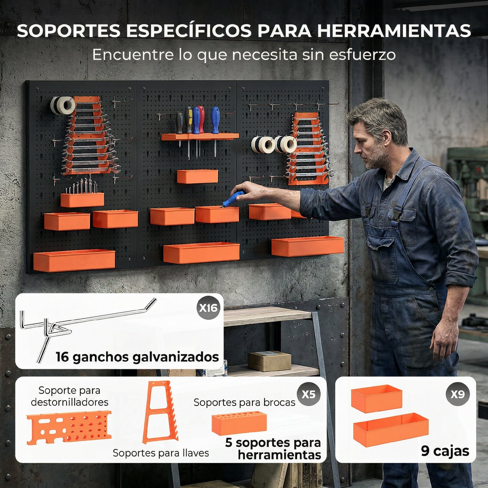Organizador de Herramientas de Pared de 33 Piezas 120x60 cm, Paneles de Herramientas de Pared con Ganchos, Contenedores y Estantes, para Garajes, Negro y Naranja