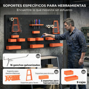 Organizador de Herramientas de Pared de 33 Piezas 120x60 cm, Paneles de Herramientas de Pared con Ganchos, Contenedores y Estantes, para Garajes, Negro y Naranja