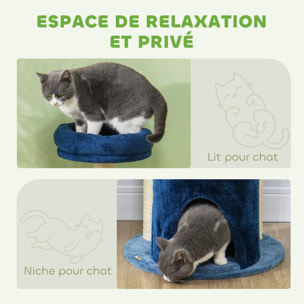 Arbre à chat design - niche, 2 plateformes, 2 coussins, griffoirs - peluche bleu roi