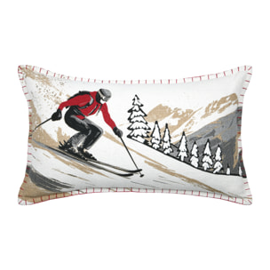 Coussin rectangulaire en coton à motif ski - Blanc