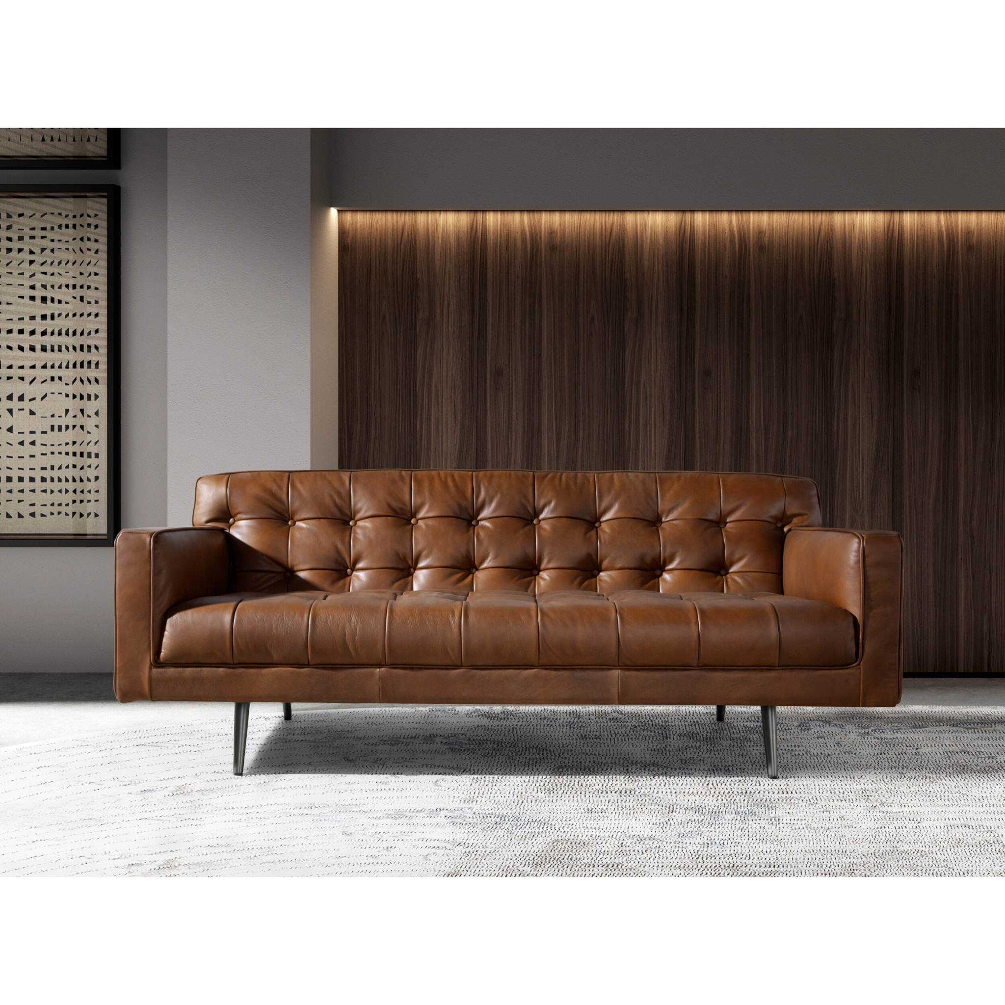 Sofá Chester de 2 plazas tapizado en piel de origen vacuno en marrón oscuro patas de acero inoxidable oscurecido 180x79x70cm