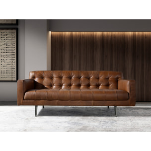 Sofá Chester de 2 plazas tapizado en piel de origen vacuno en marrón oscuro patas de acero inoxidable oscurecido 180x79x70cm