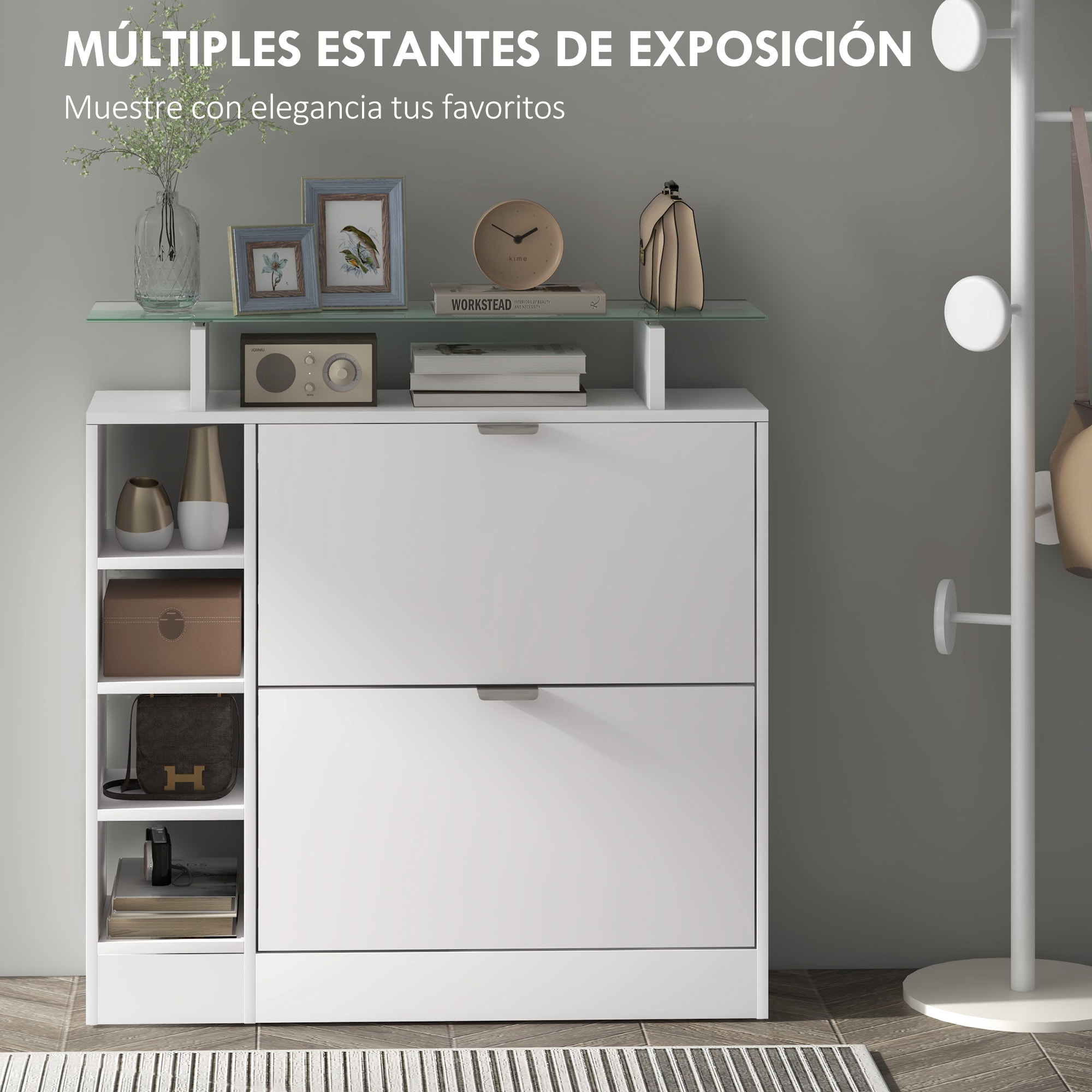 Zapatero Moderno Zapatero de Entrada Recibidor con Cajones Abatibles Estantes Ajustables y Estantes Abiertos para 12 Pares de Zapatos Zapatero Estrecho para Pasillo 89x25x92 cm Blanco