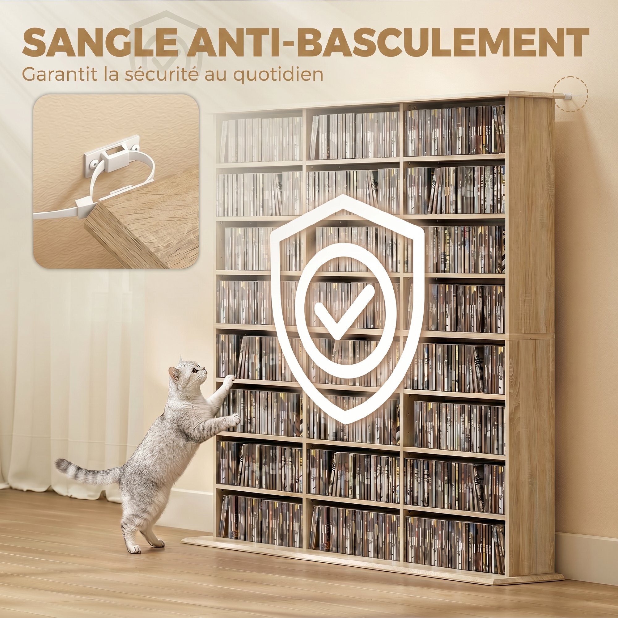 Rangement CD et DVD 24 compartiments 18 étagères réglables effet bois clair