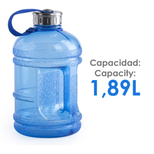 Rumper bidone in PET da 1,89L, con tappo di sicurezza in acciaio inossidabile, nastro anti-perdita e maniglia.