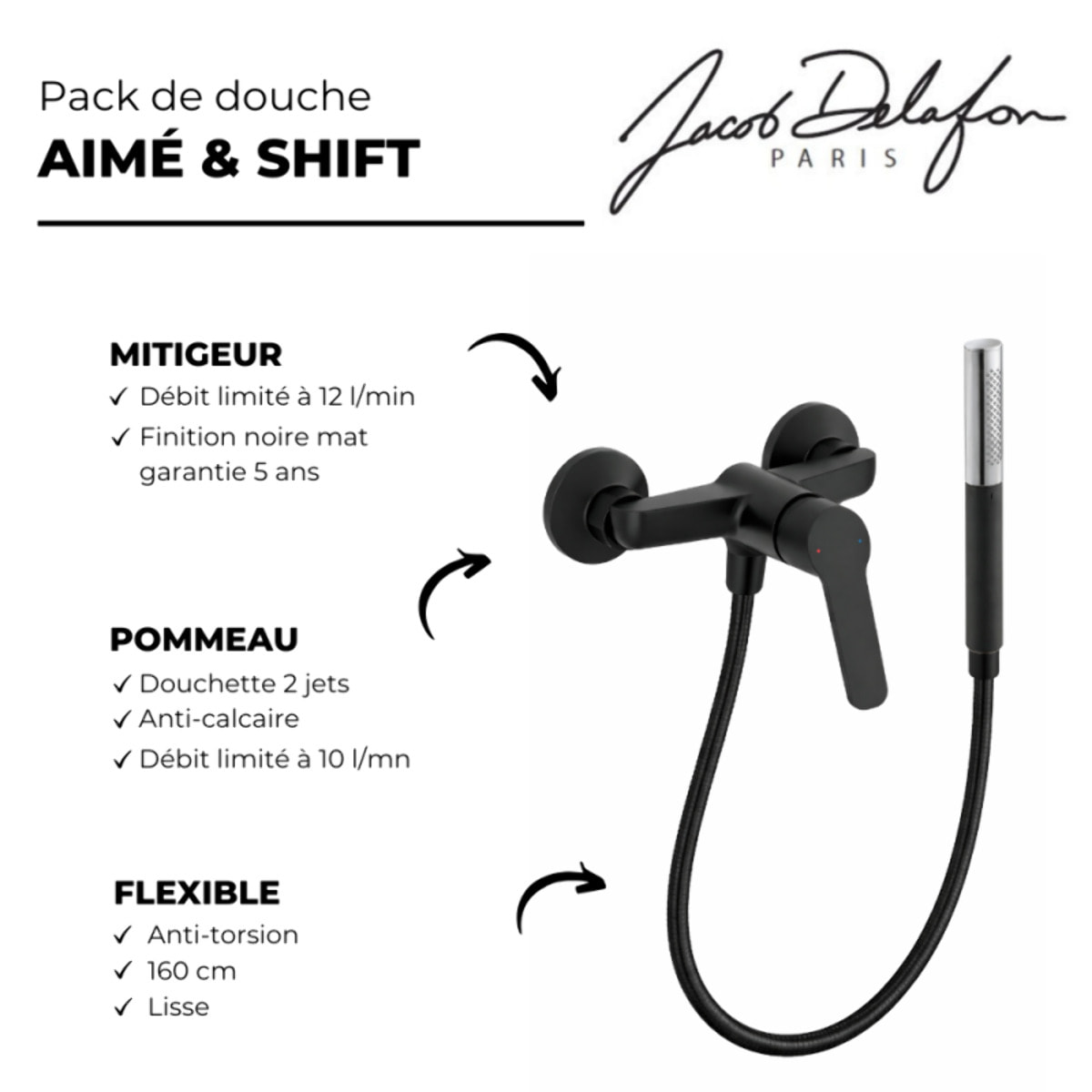 Mitigeur douche Aimé + douchette stick Shift Ellipse + flexible 1,6m noir et chromé