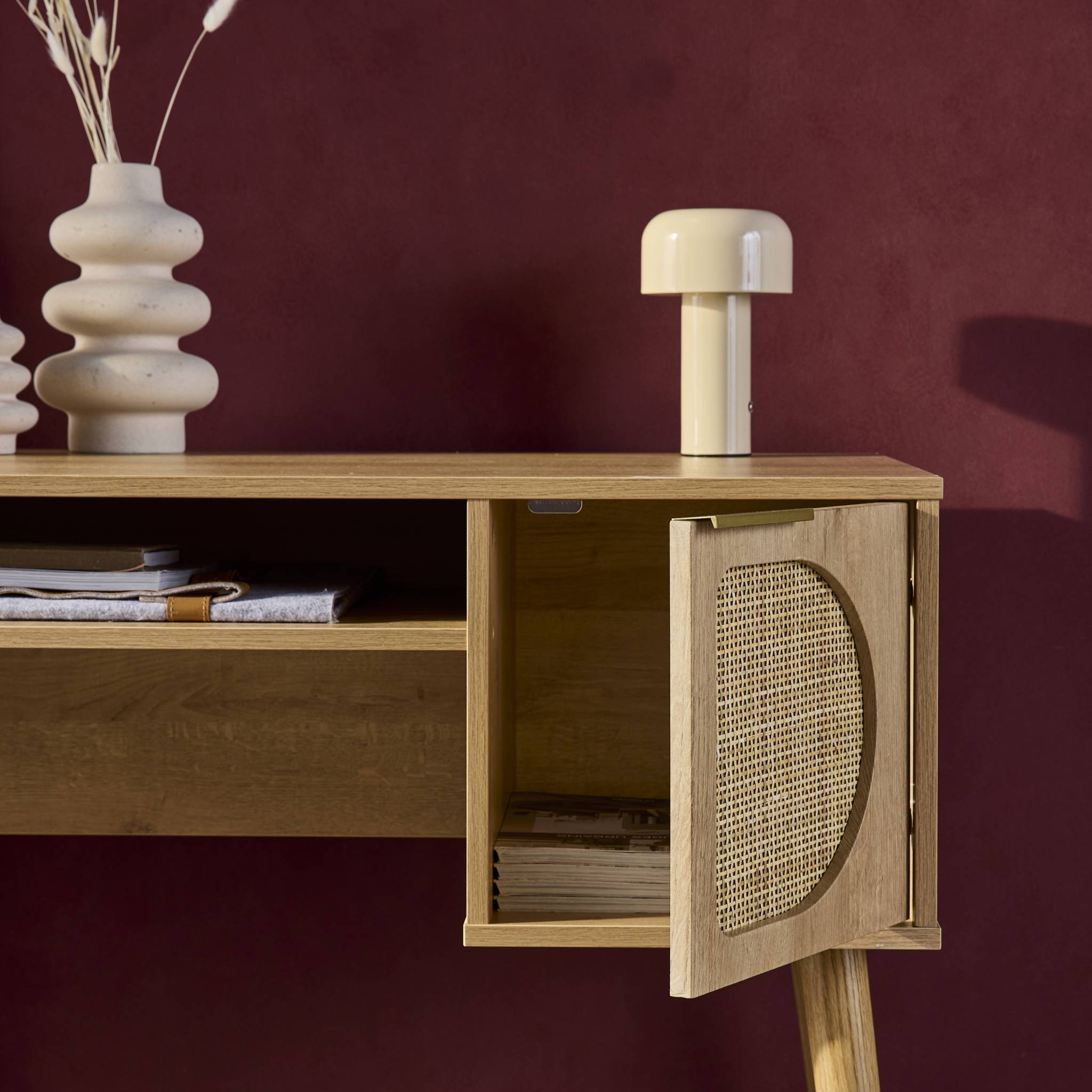 Bureau effet bois et cannage 2 portes EVA naturel 120 x 55 x 76.5 cm