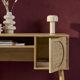 Bureau effet bois et cannage 2 portes EVA naturel 120 x 55 x 76.5 cm