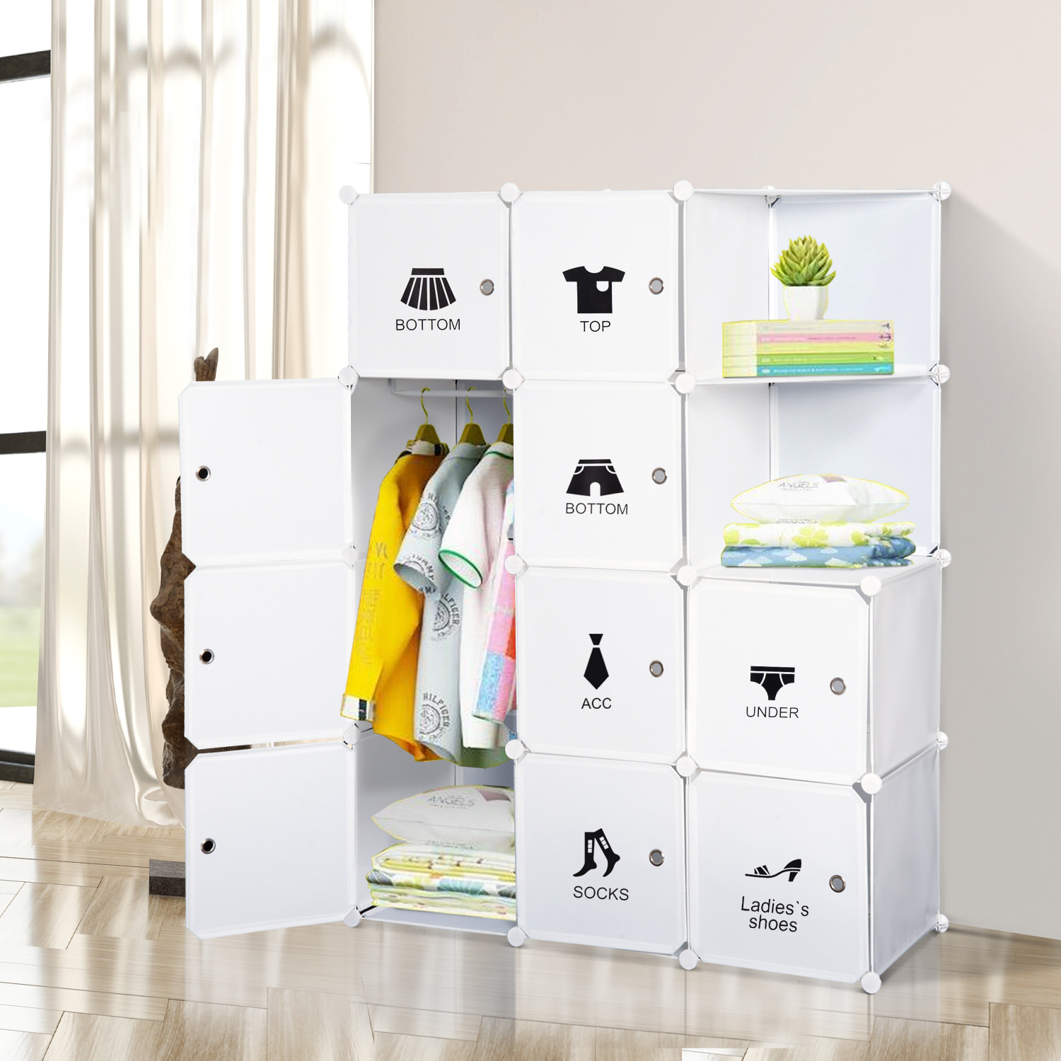 Armoire penderie cube multi-rangements 10 cubes + 2 étagères + autocollants décoratifs 111L x 47l x 145H cm blanc