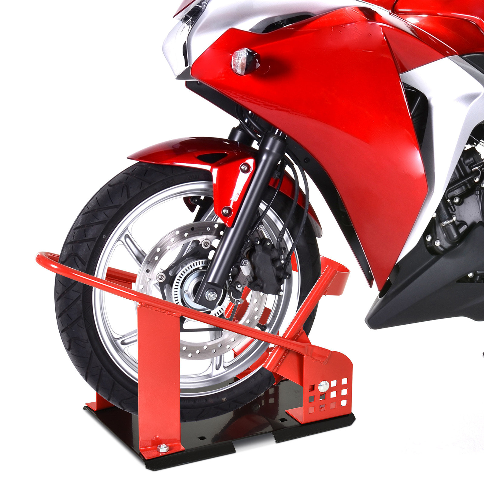 Caballete Moto con Longitud Ajustable Caballete Elevador Universal con Tapas de Goma Base Estructura Metálica Carga 450 kg para Trabajos de Mantenimiento Rojo