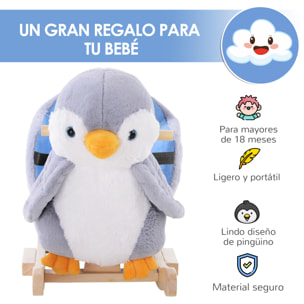 Caballito Balancín para Bebés de +18 Meses Forma de Pingüino Caballo Balancín de Madera con Músicas Infantiles y Palos Carga 40 kg 60x33x50 cm Gris