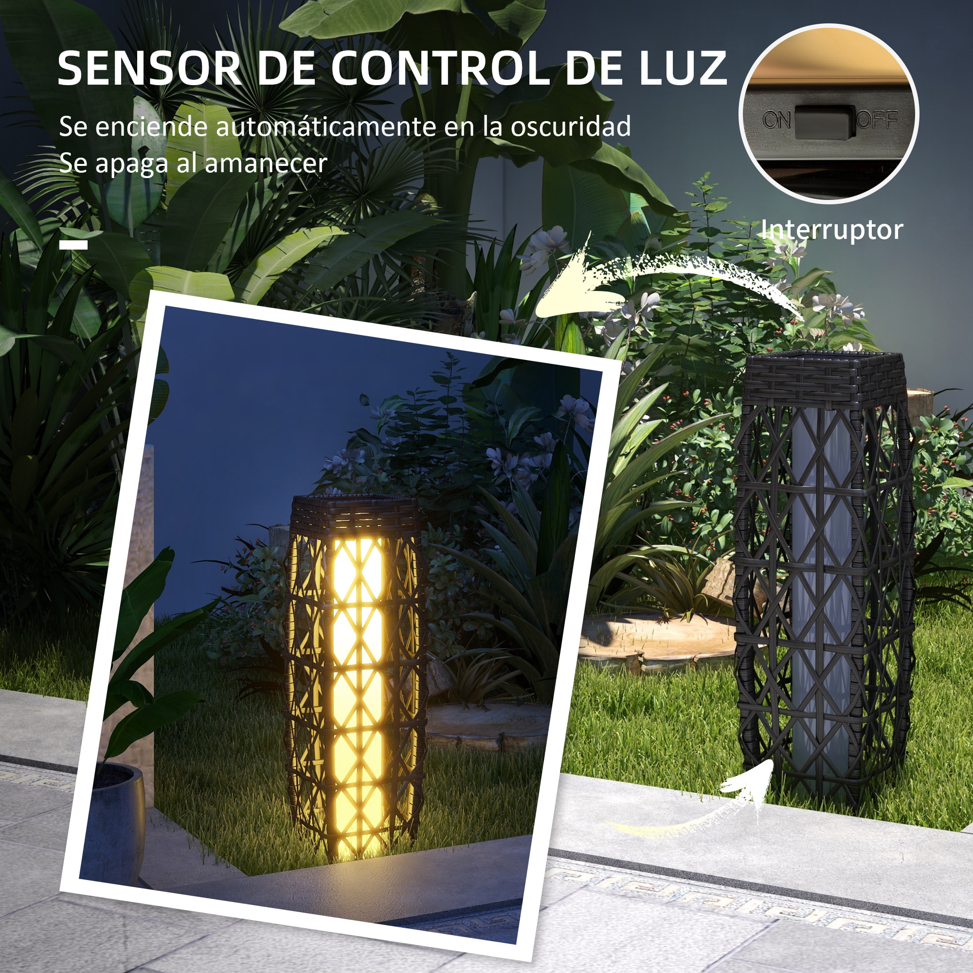 Linterna de Jardín de Ratán Sintético Farola Solar con Luces LED Encendido y Apagado Automático para Terraza Balcón Patio 20x20x68 cm Gris