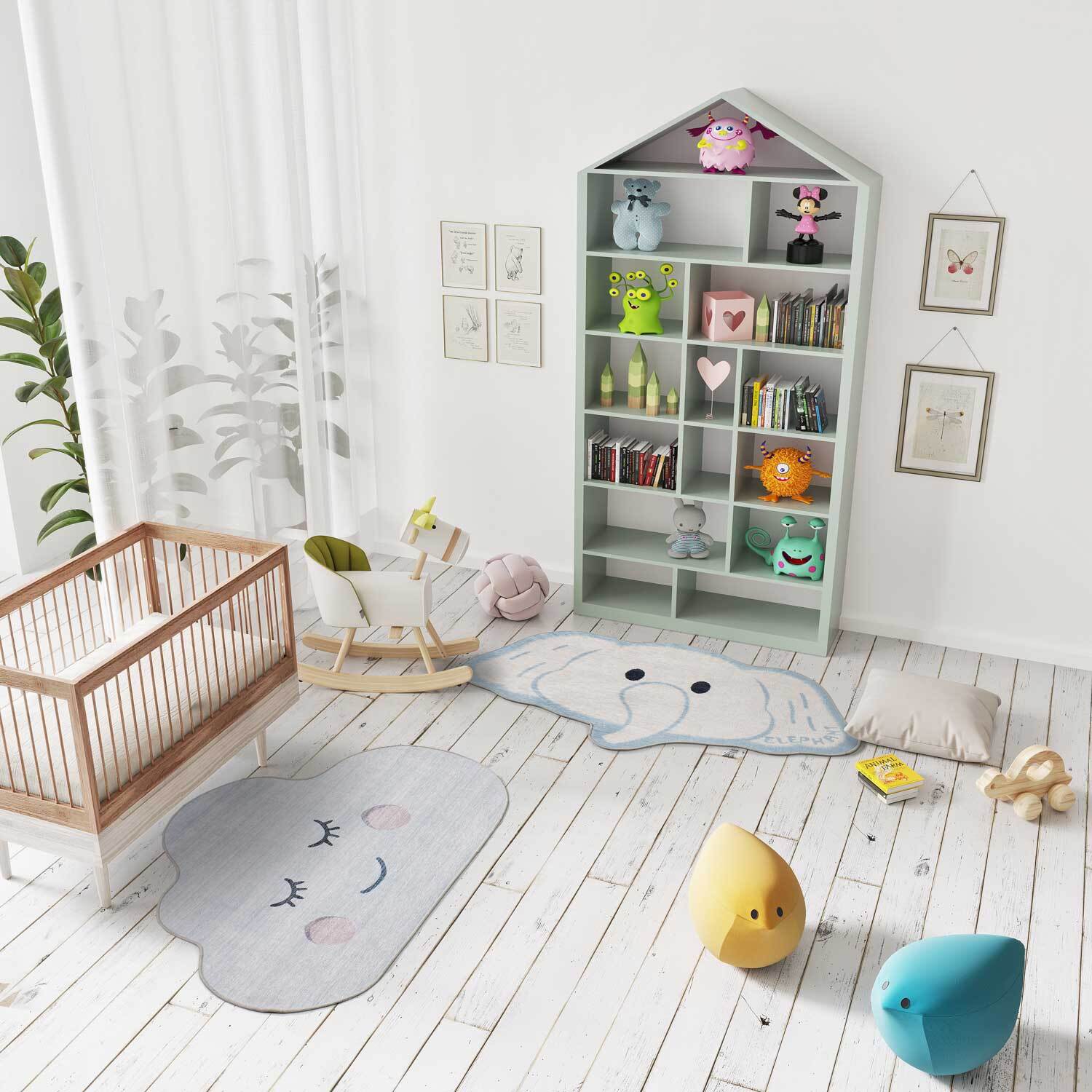 CANDY Alfombra infantil lavable con forma elefante blanco, 75x120 cm