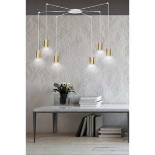 Lampada a sospensione TRAKER con diffusori oro e struttura bianca