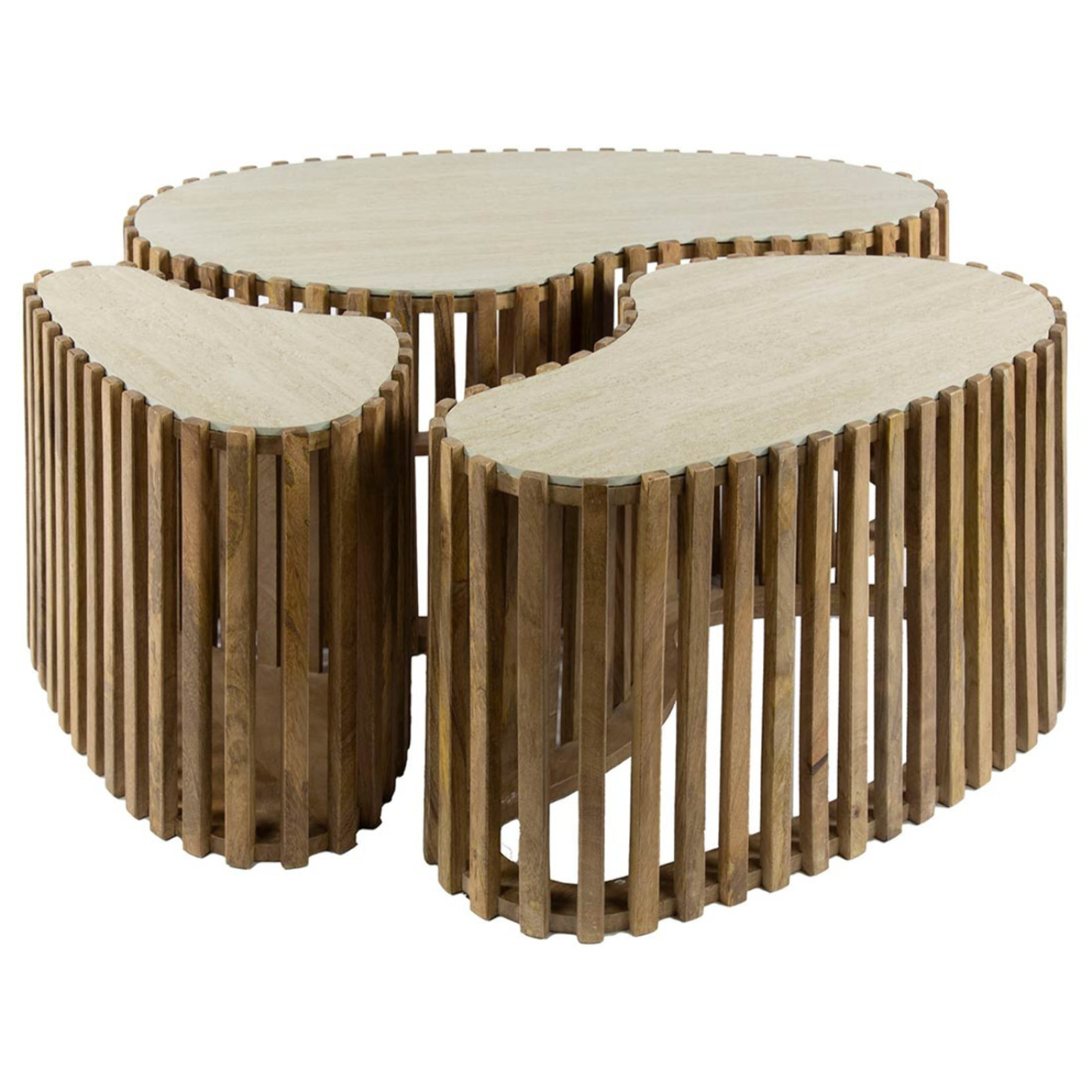 Jade - lot de 3 tables basses gigognes effet travertin - pieds en bois massif de manguier - 90, 70 et 50 cm - Bois / Beige