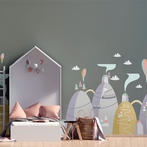 Stickers muraux enfants - Décoration chambre bébé - Autocollant Sticker mural géant enfant montagnes scandinaves MONTGOLFIÈRES PRÈS DES COLLINES