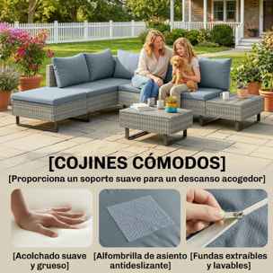 Conjunto de Jardín de Ratán de 3 Piezas, Respaldo Ajustable, Conjunto Terraza, Muebles Jardín Exterior Incluye Cojines, Sofá de 3 Plazas, Sofá de 2 Plazas, Mesa de Madera Plástico, Gris