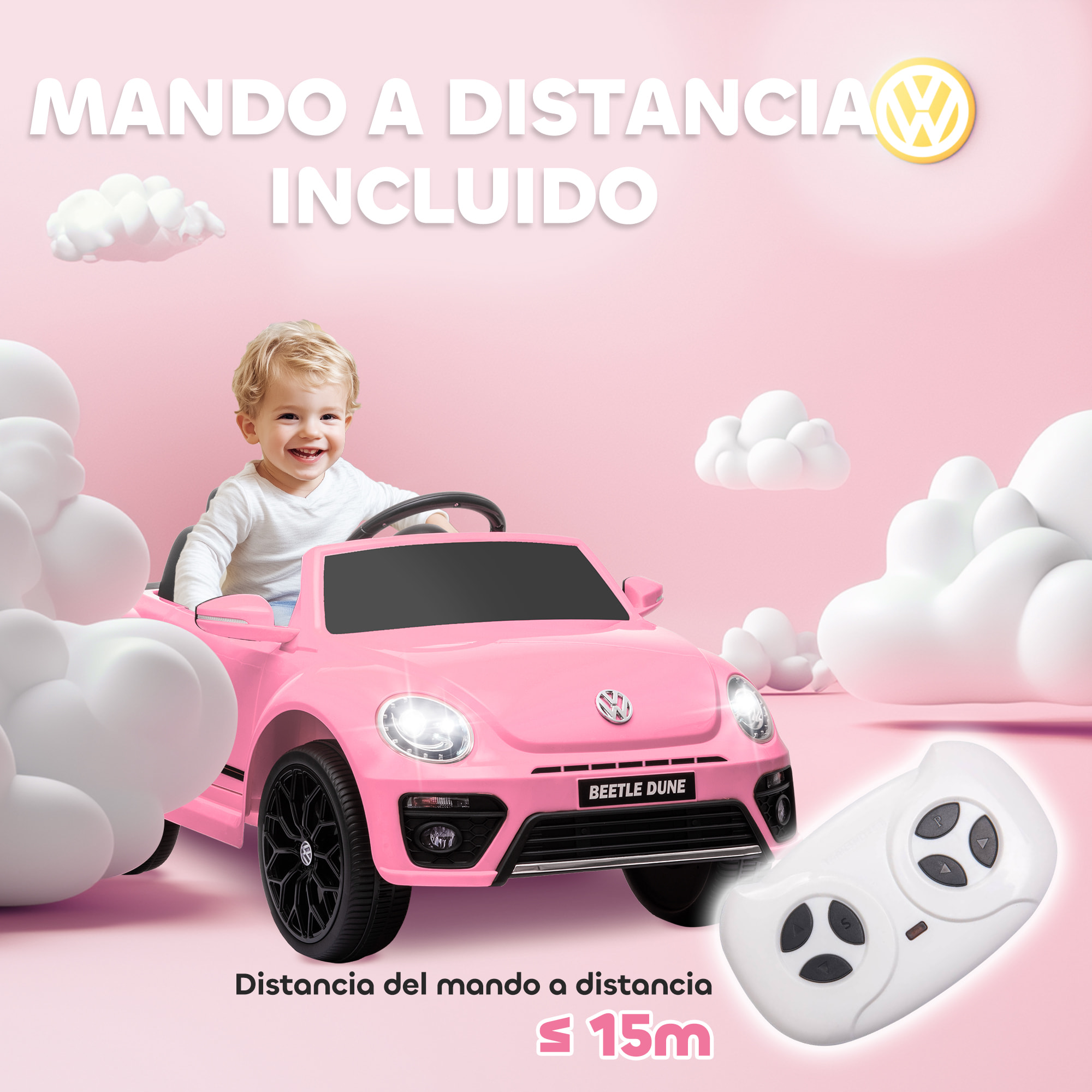 Coche Eléctrico para Niños de +3 Años Volkswagen Beetle Carro Eléctrico Infantil con Batería 12V Mando a Distancia Faros Bocina y Música Rosa