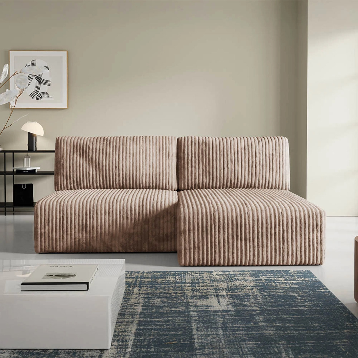 ELIOR - Canapé d'angle convertible et modulable 4 places en côtelé taupe